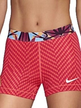 Nike Women's Red Patterned Athletic Shorts with Multicolor Waistband